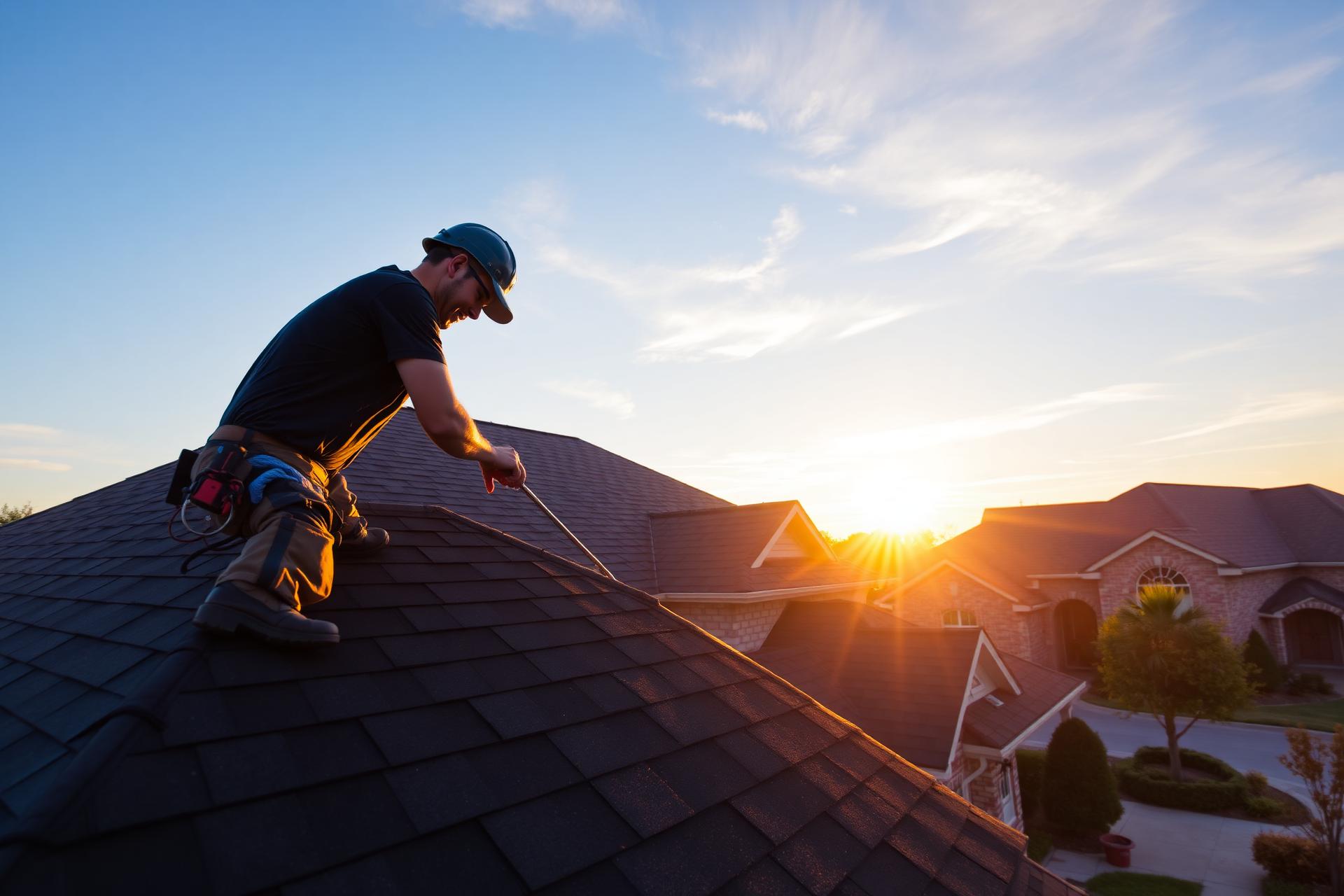 Roofer installing shingles on a Texas home